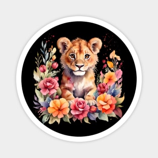 A lion cub decorated with beautiful watercolor flowers Magnet